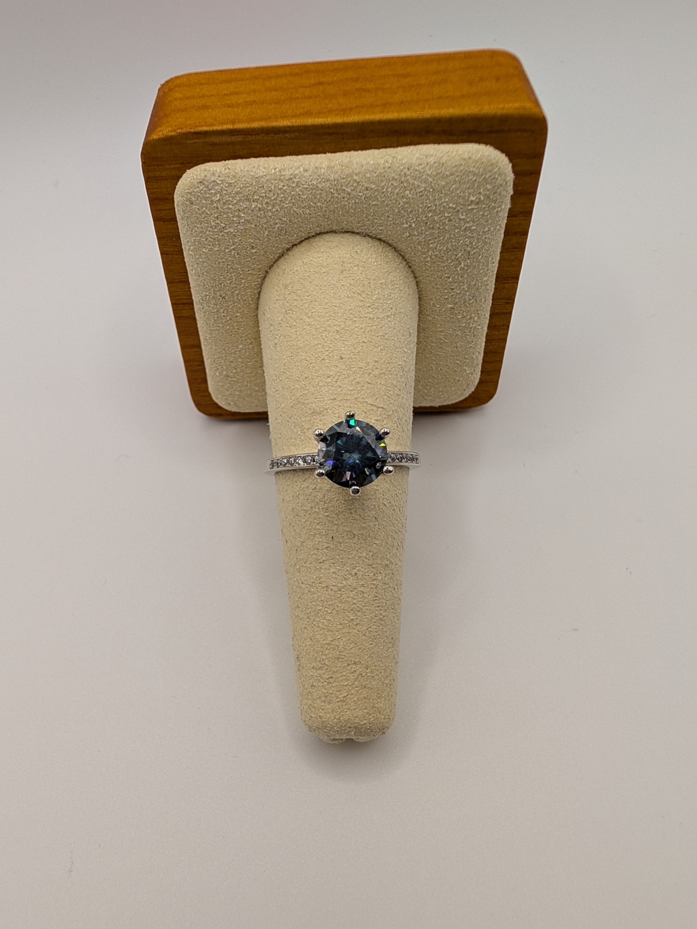 Dark Blue Moissanite Solitaire Ring 925 Sterling Silver Pavé Band NWOT
